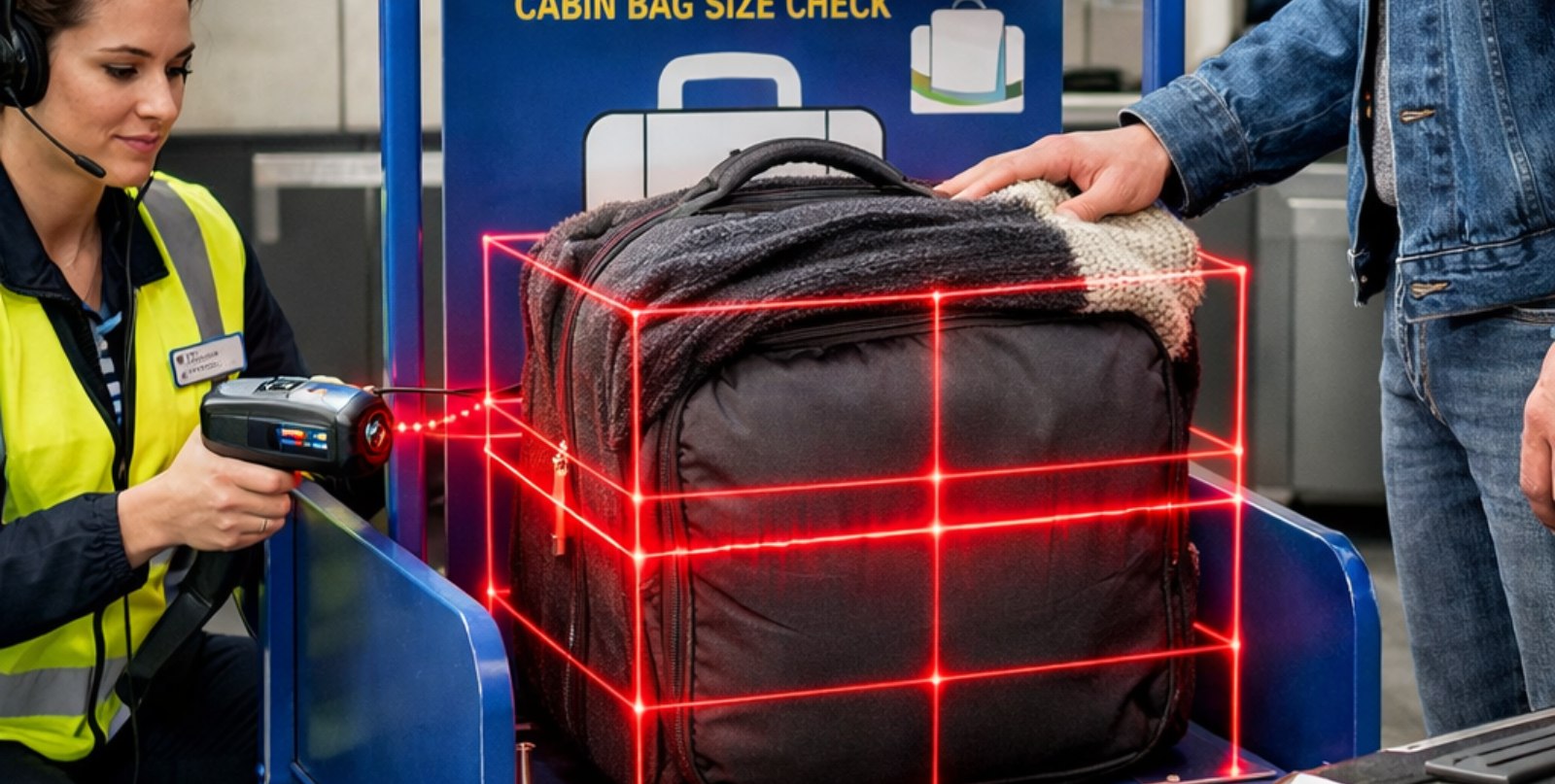 Valise cabine mesurée au mètre ruban, dimensions 55 x 40 x 20 cm roulettes et poignée incluses