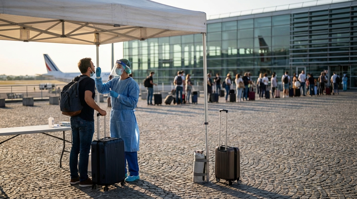 Passagère tenant un résultat de test PCR négatif avant d'embarquer dans un avion
